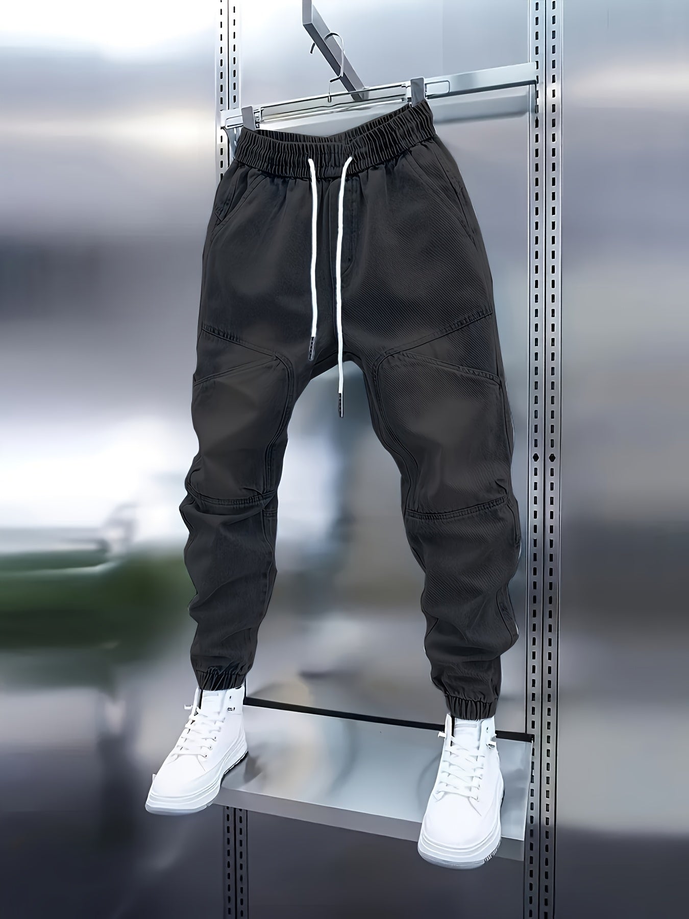 Men’s Drawstring Denim Joggers – Slim Fit Patchwork Jeans