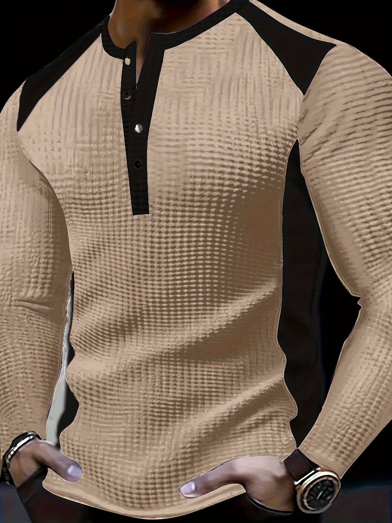 Chemise Henley gaufrée pour homme – Haut boutonnée toutes saisons blanc et noir