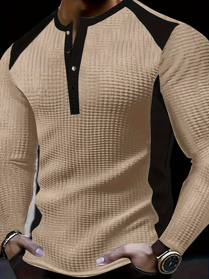 Chemise Henley gaufrée pour homme – Haut boutonnée toutes saisons blanc et noir