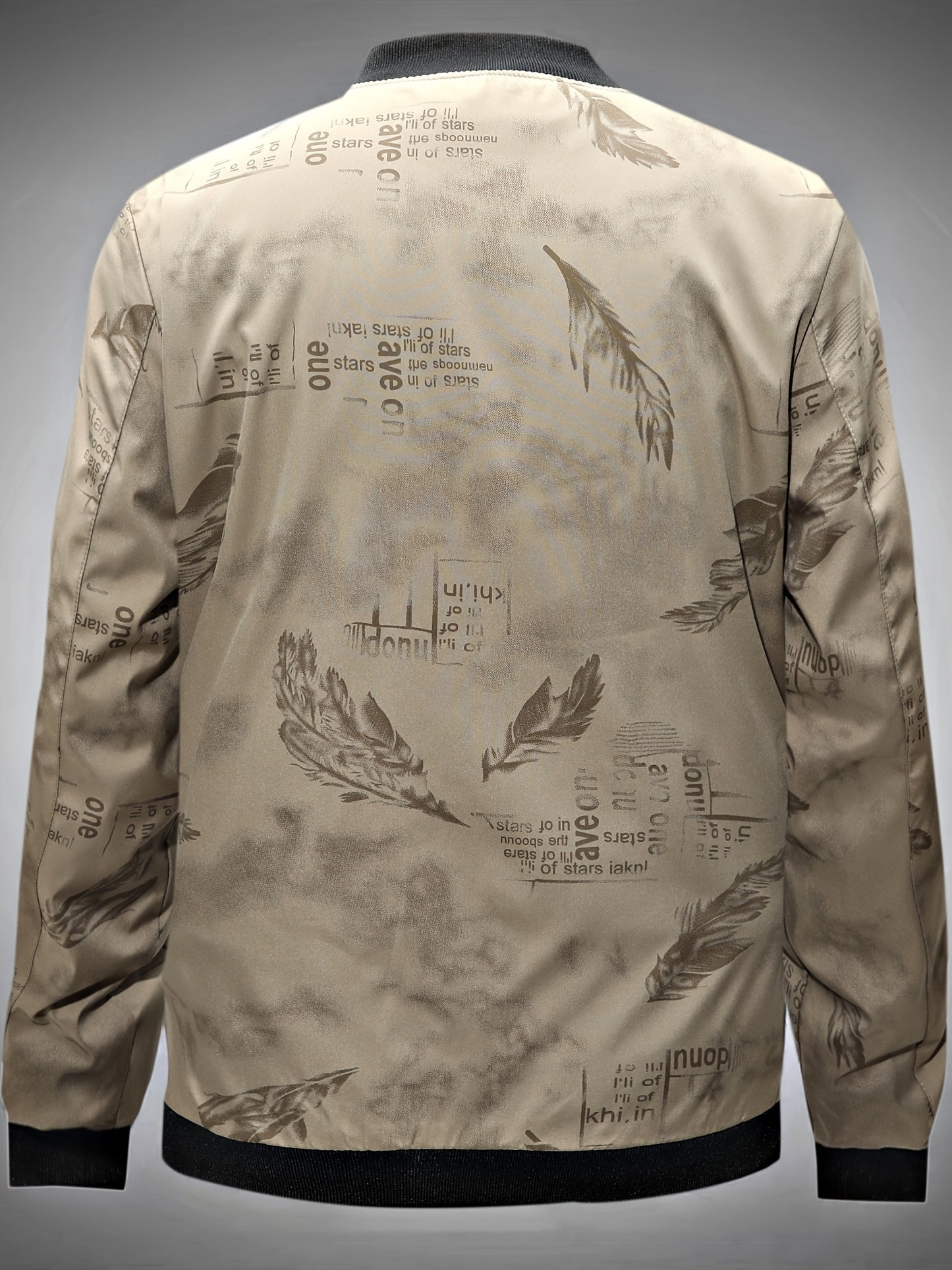 Men’s Feather Print Track Jacket – Zip-Up Baseball Collar Street Coat