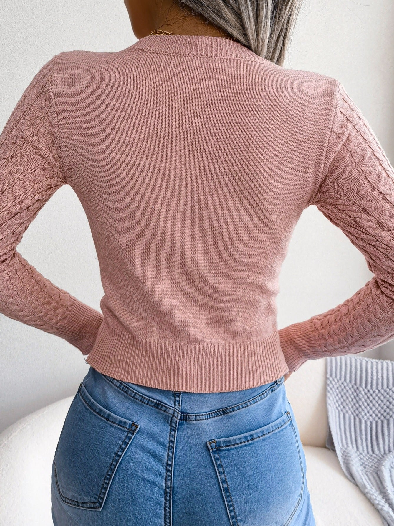 Suéter de punto calado para mujer – Top sexy de manga larga ajustado