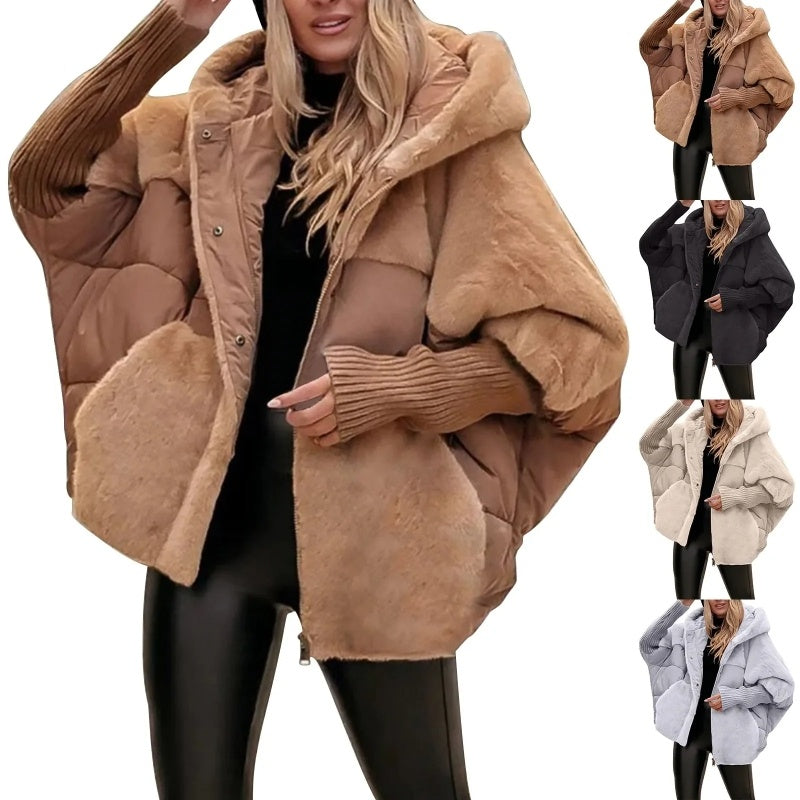 Abrigo con capucha de patchwork de piel sintética Loom & Soul™ – Chaqueta de invierno de algodón holgada para mujer, para una comodidad y calidez elegantes