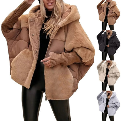 Abrigo con capucha de patchwork de piel sintética Loom & Soul™ – Chaqueta de invierno de algodón holgada para mujer, para una comodidad y calidez elegantes