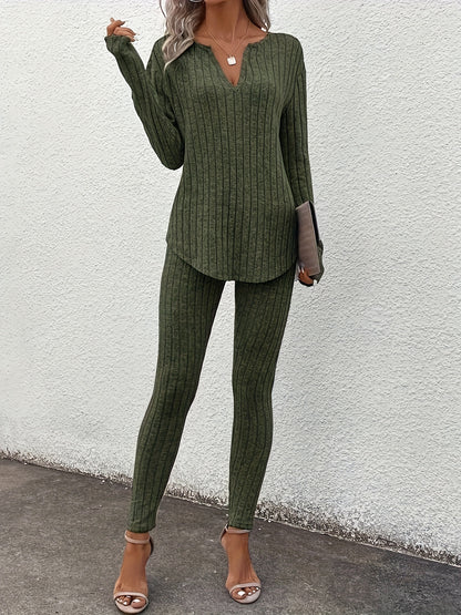 Ribbed Slim Fit Suit – Women’s V-Neck Long Sleeve Top & Pants Set
