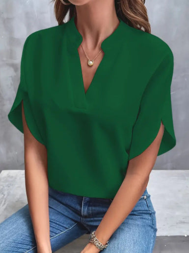 Loom & Soul™ Blusa de Gasa con Cuello en V – Top Elegante de Manga Corta para Verano para Mujer