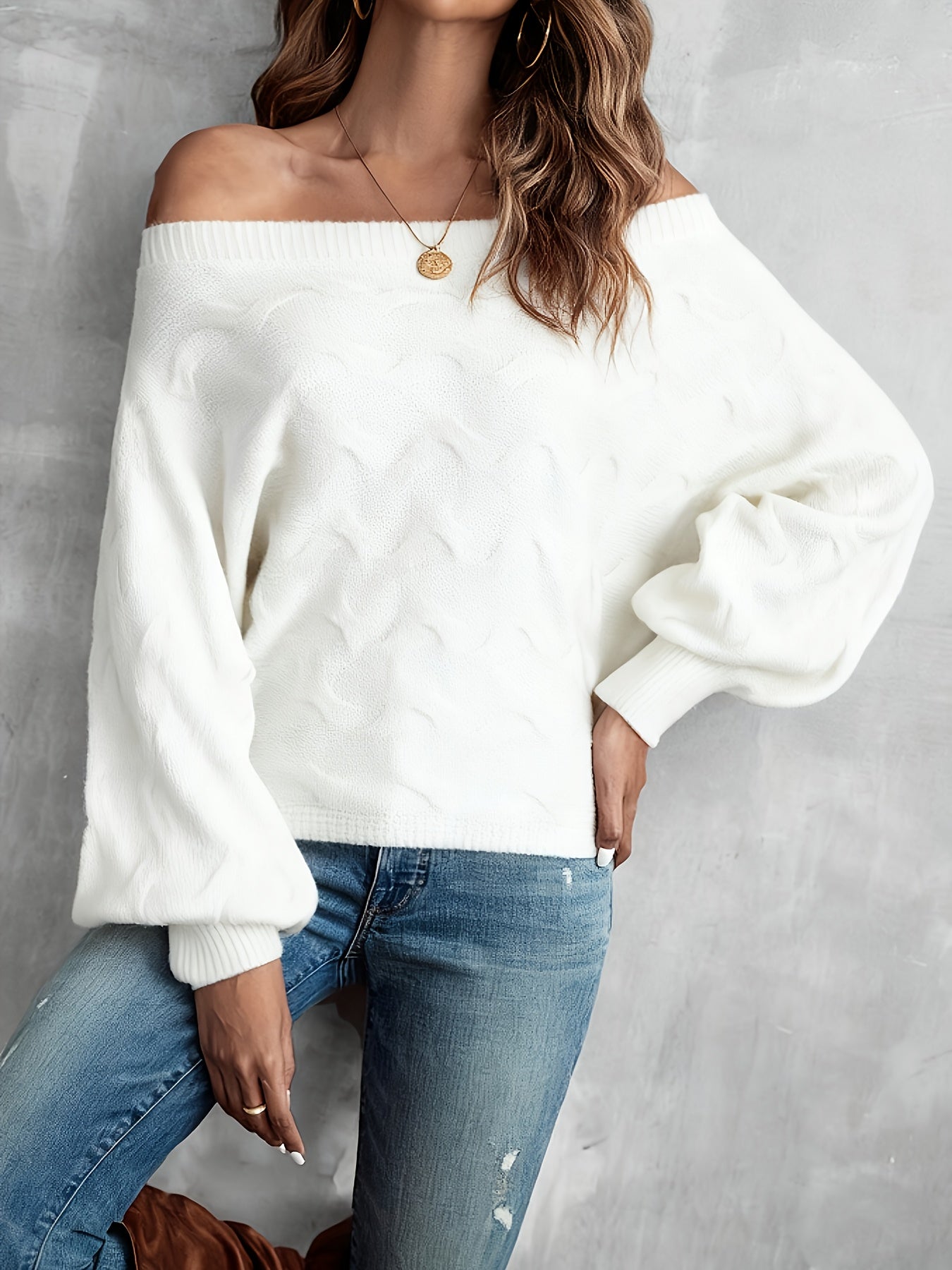 Suéter murciélago para mujer con hombros descubiertos – Tejido holgado para todas las estaciones