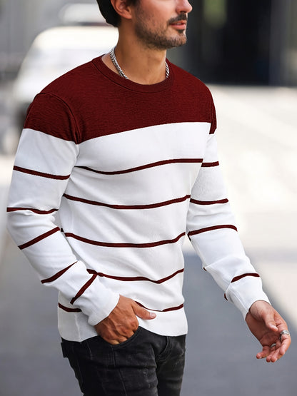 Suéter de punto a rayas azul marino para hombre – Sudadera informal de cuello redondo