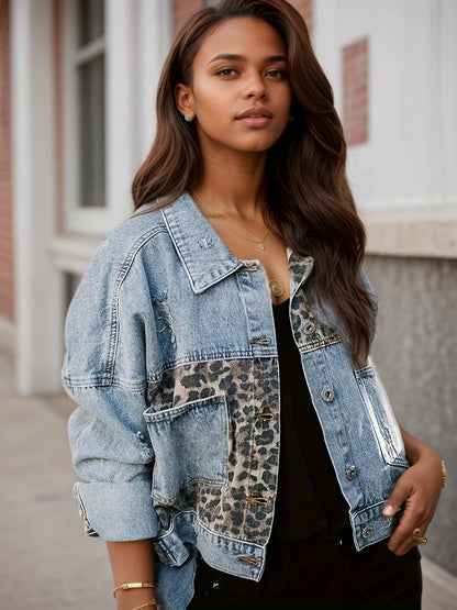 Women’s Leopard Patch Denim Jacket – Distressed Street Style
