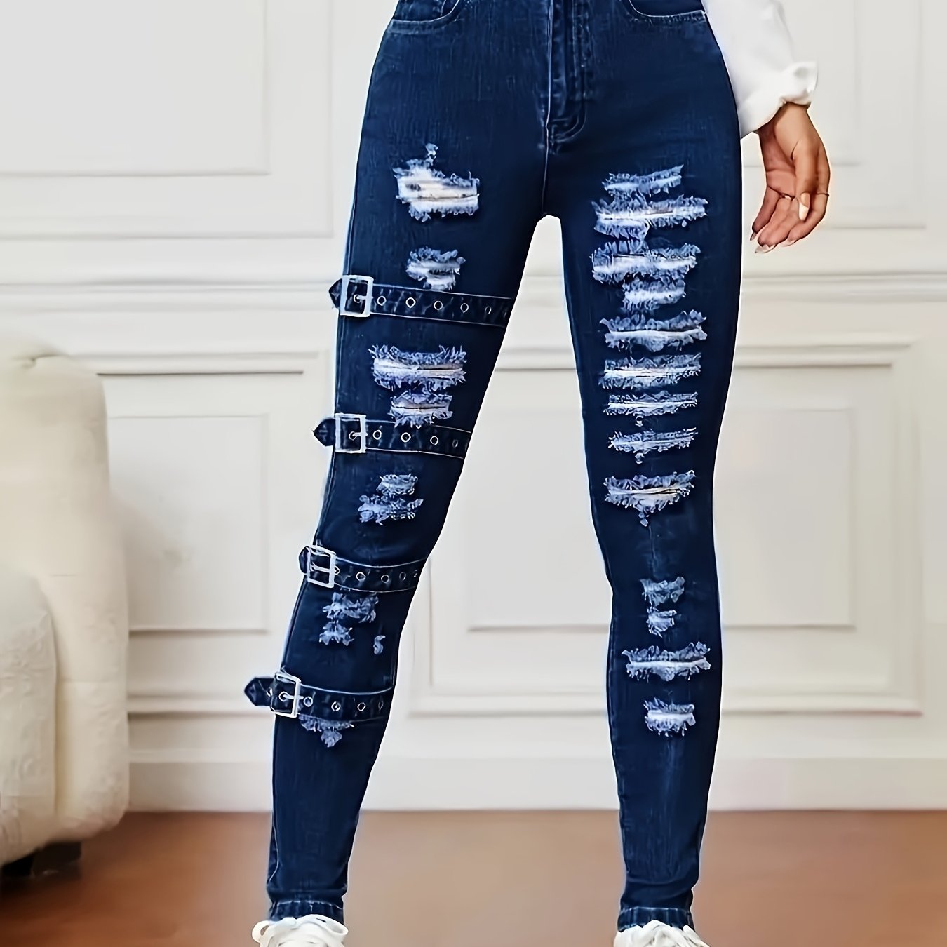 Jean skinny déchiré – Denim bleu foncé très extensible