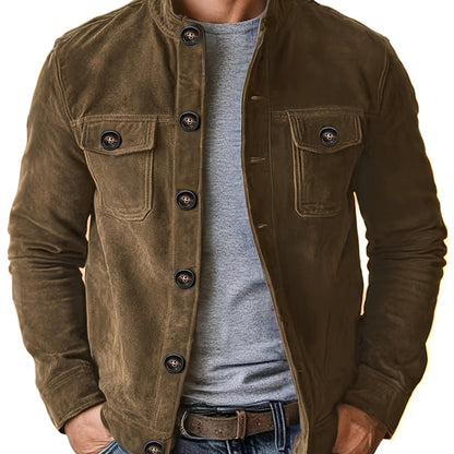 Chaqueta de ante sintético para hombre – Abrigo informal con cuello alto y botones