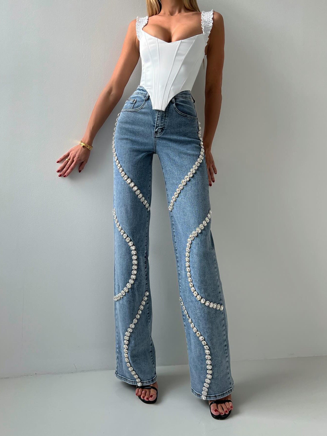 Loom & Soul™ Vaqueros de pernera recta con pedrería – Pantalones de mezclilla de calle de estilo elevado para mujer