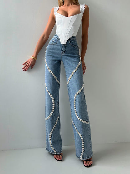 Loom & Soul™ Vaqueros de pernera recta con pedrería – Pantalones de mezclilla de calle de estilo elevado para mujer