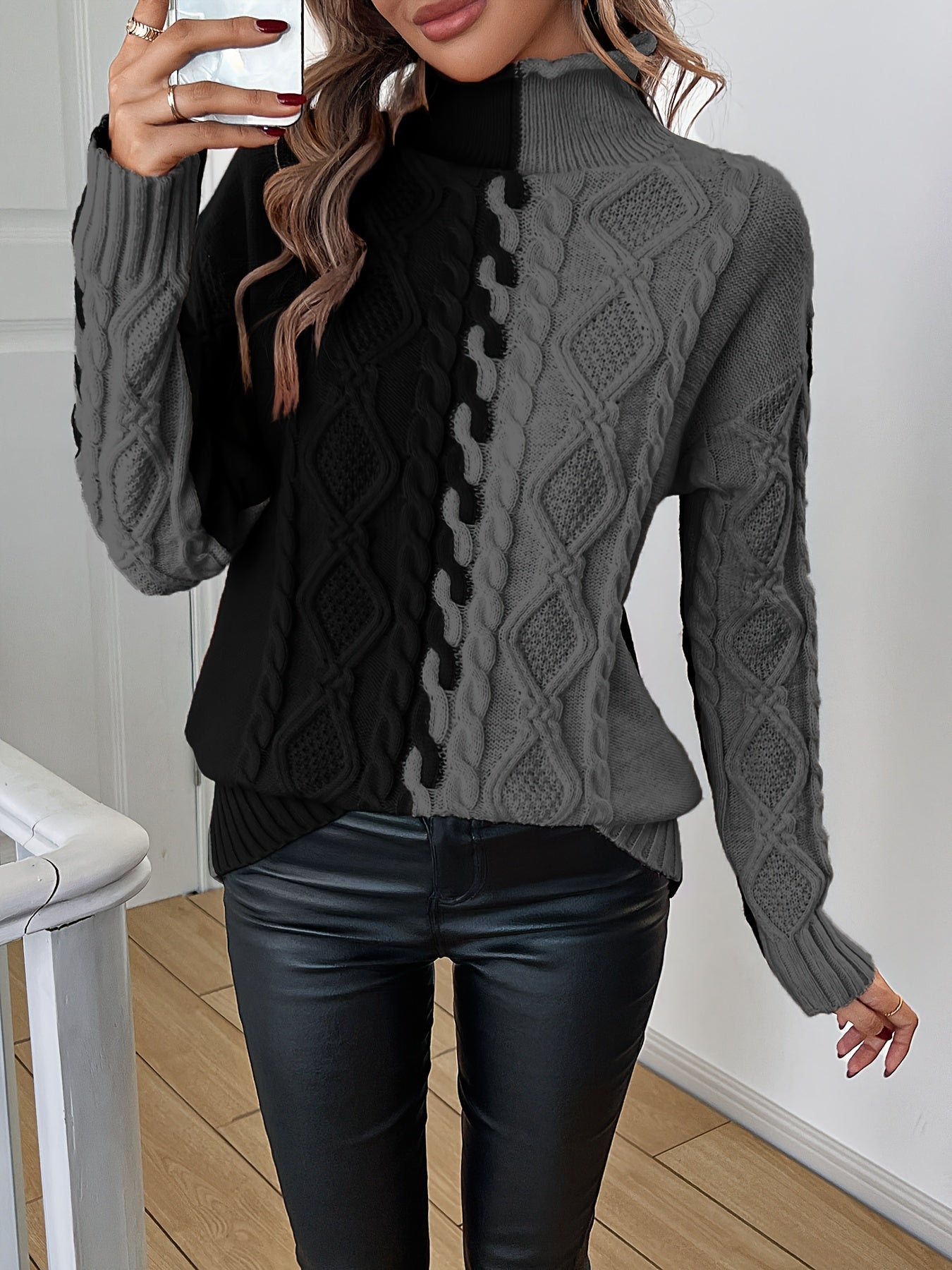Blusa Elegante de Rayas con Cuello Alto – Top de Manga Larga de Punto Color Block