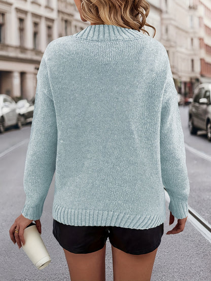 Suéter cómodo con estampado de corazón y cuello en V – Jersey de punto suave para otoño/invierno