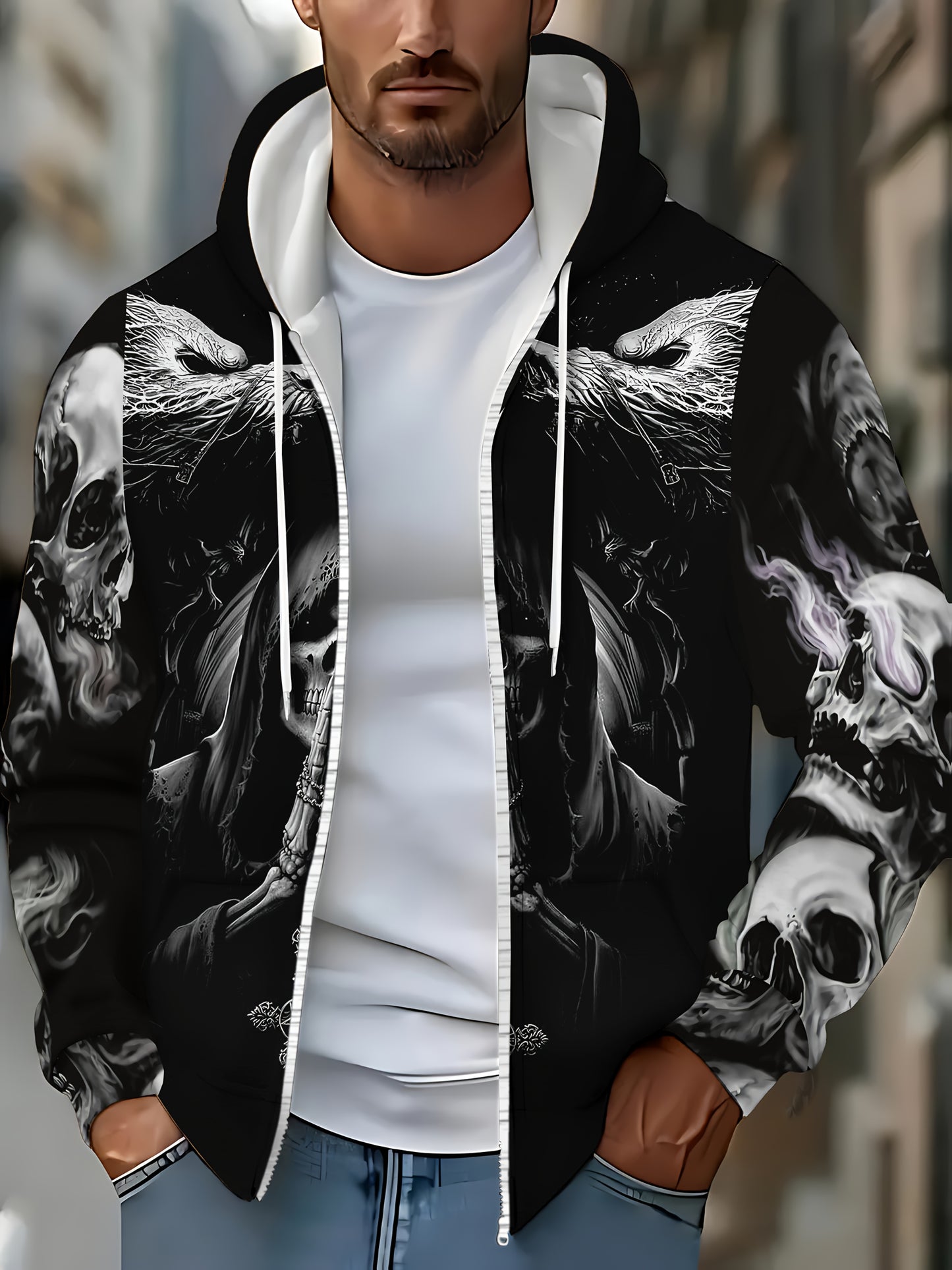 Sweat à capuche zippé gothique tête de mort pour homme Loom & Soul – Veste streetwear ailes enflammées