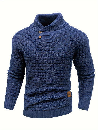 Men’s Waffle Knit Sweater – High Stretch Pullover with Lapel Collar