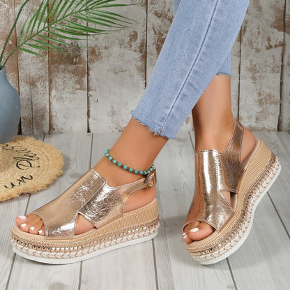 Loom & Soul™ Sandalias de cuña brillantes – Sandalias de mujer con boca de pescado hueca y hebilla