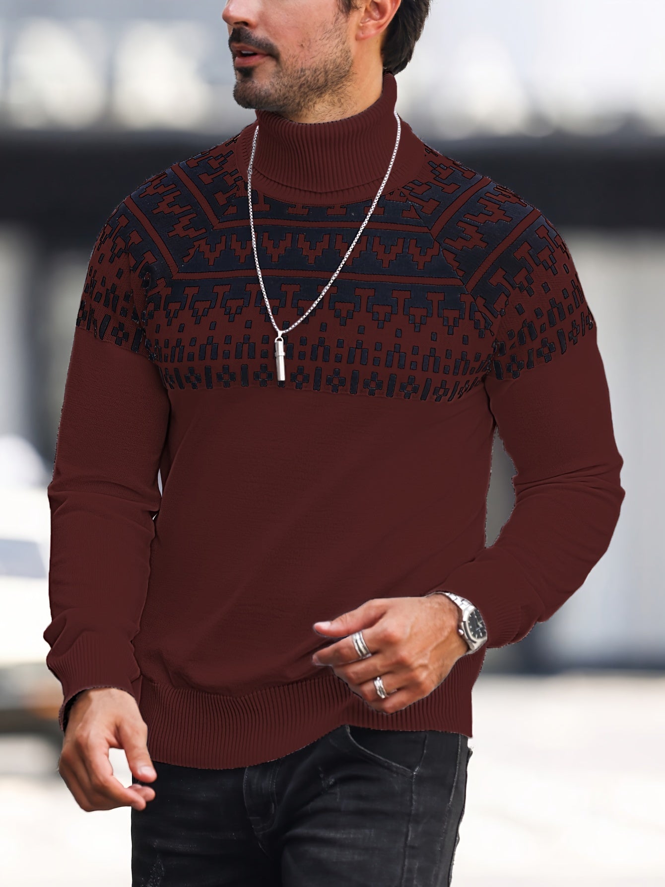 Men’s Geometric Turtleneck Sweater – Casual Knit Pullover for Fall & Winter