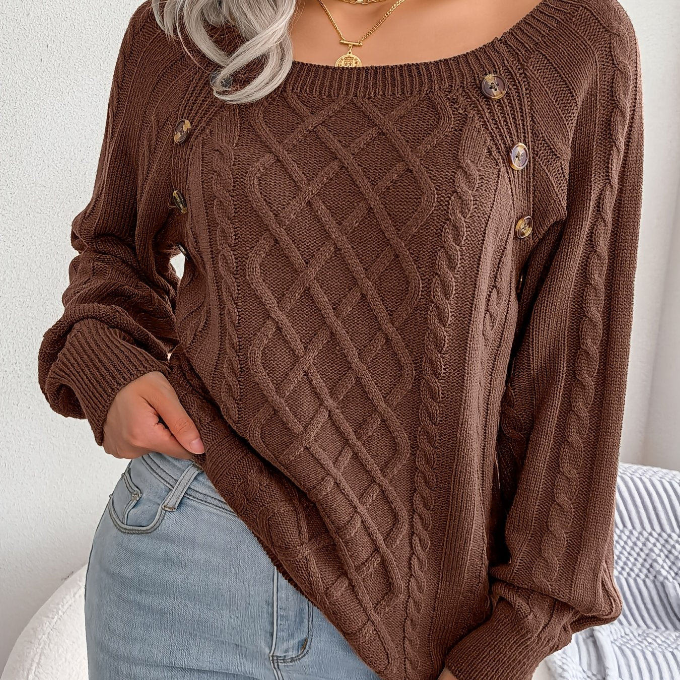Jersey texturizado de mujer con manga farol – Top de punto con detalles de botones