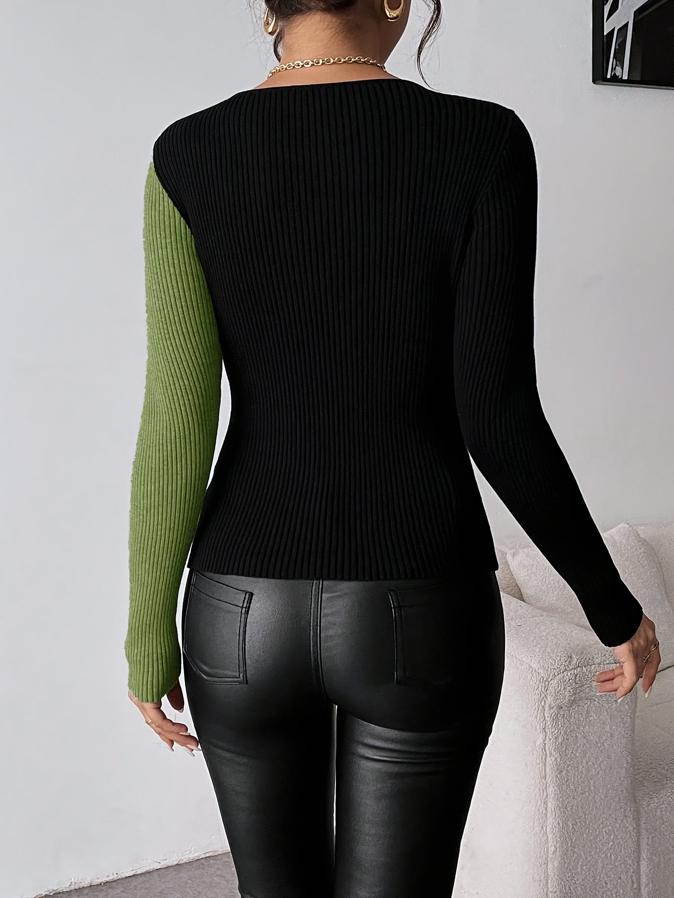 Chaqueta de punto verde oliva para mujer – Blazer de punto ajustado con cuello en V