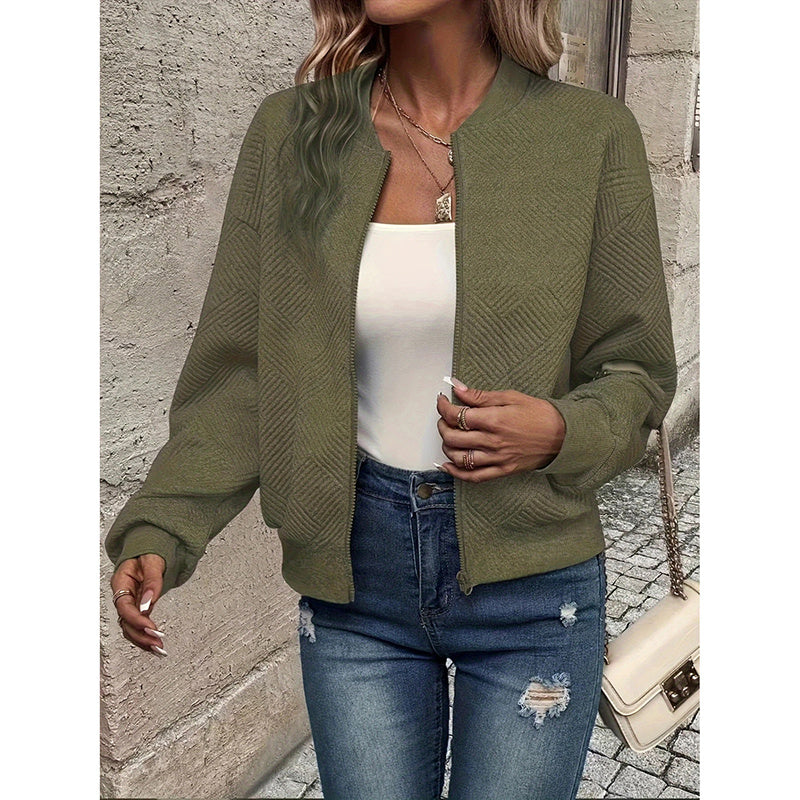 Chaqueta bomber texturizada de Loom & Soul para mujer – Abrigo de moda de otoño con cuello alto y cremallera | Ropa de abrigo informal, ligera y elegante