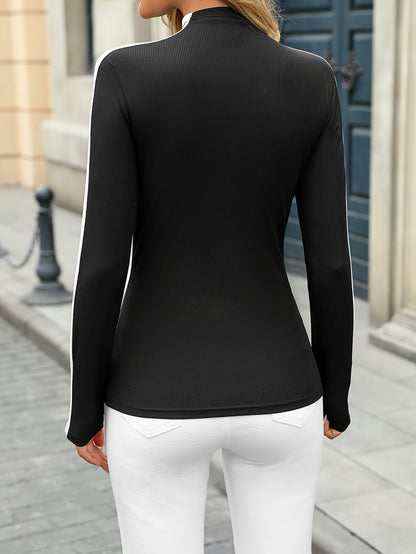 Top de cuello alto entallado para mujer con patchwork – Tejido elegante para todas las estaciones