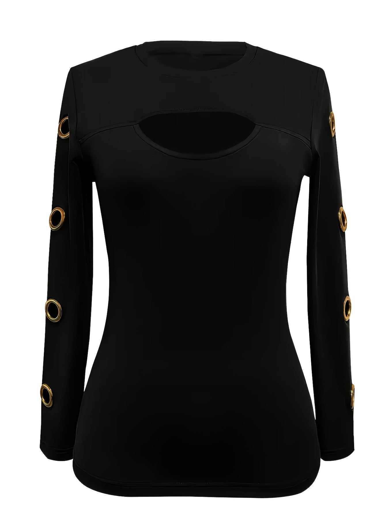 Elegante top negro de manga larga – Camiseta de cuello redondo con botones dorados