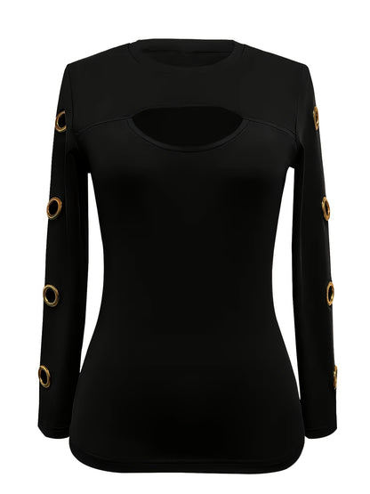Elegante top negro de manga larga – Camiseta de cuello redondo con botones dorados