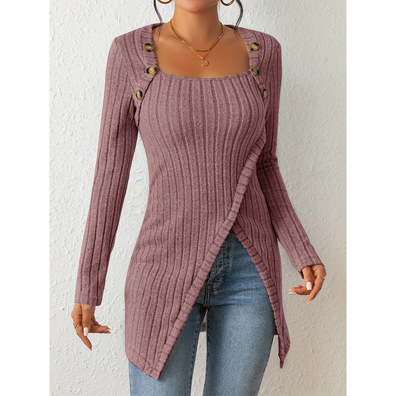 Jersey de punto elegante con abertura, hombros descubiertos y escote cuadrado para mujer