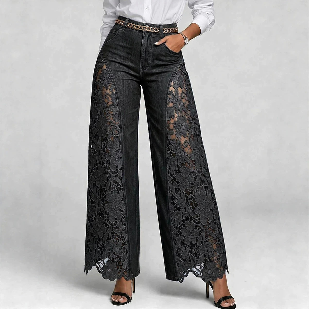 Women’s Lace Panel Jeans – High Waist Wide-Leg Denim