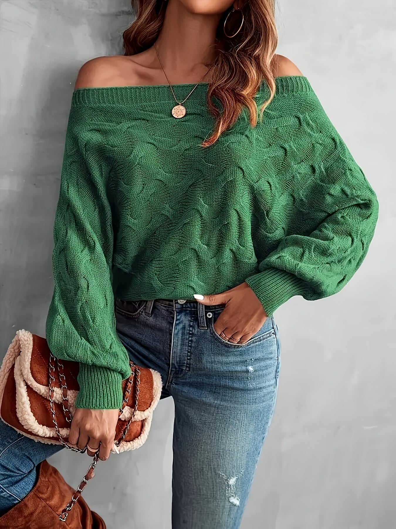 Suéter murciélago para mujer con hombros descubiertos – Tejido holgado para todas las estaciones