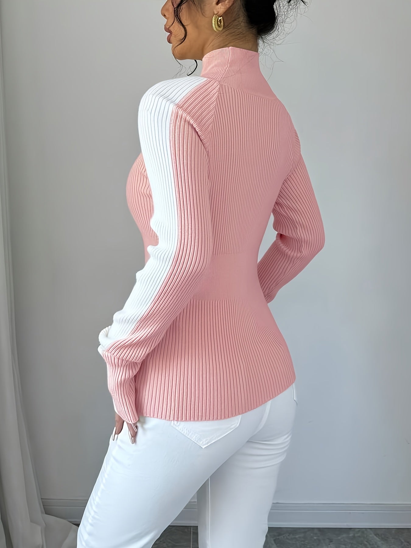 Suéter de cuello alto color block para mujer - Blusa elegante de punto suave