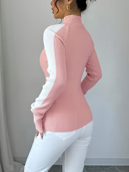 Suéter de cuello alto color block para mujer - Blusa elegante de punto suave