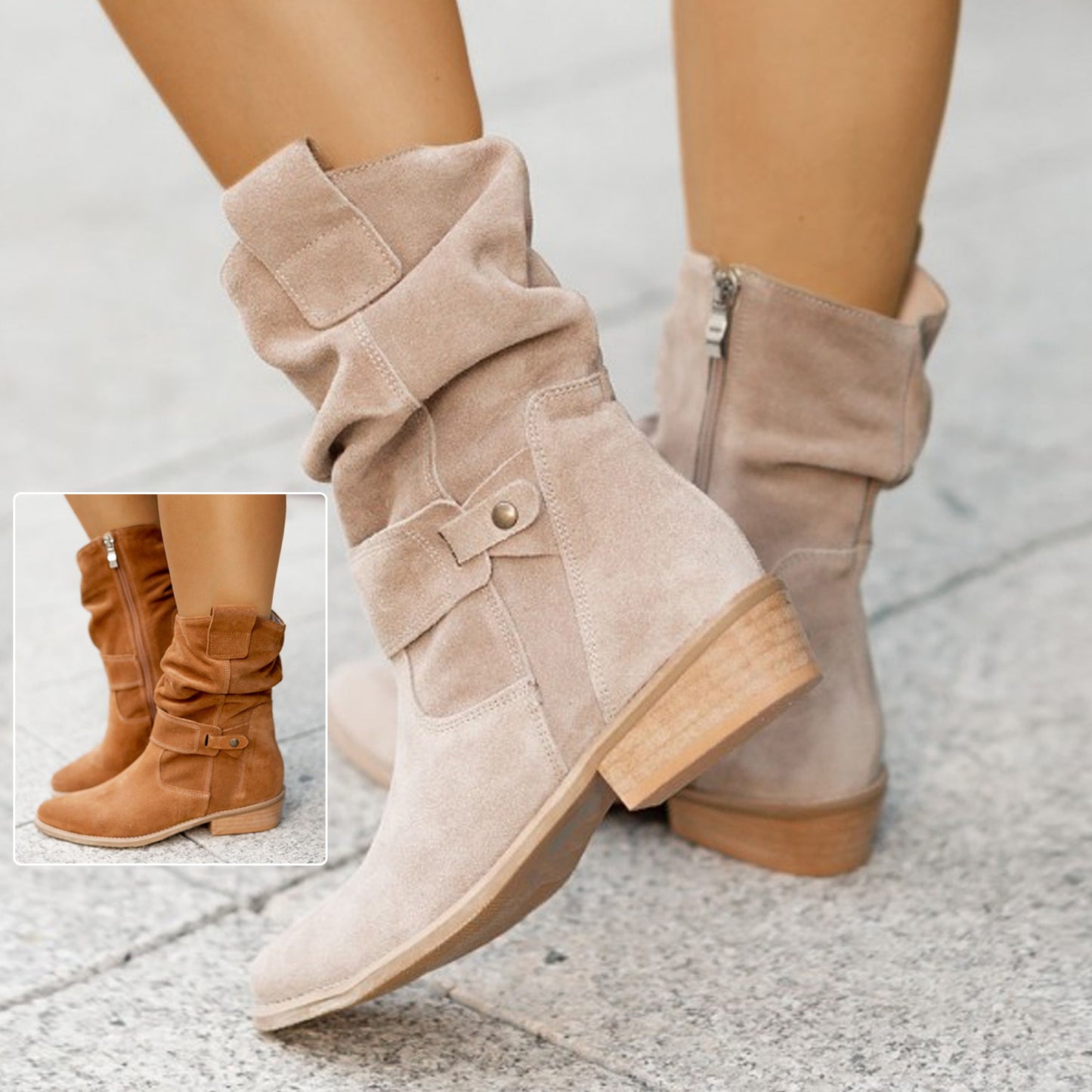 Botas de pantorrilla media con puntera puntiaguda para mujer de Loom & Soul – Botas vaqueras de gamuza a la moda con cremallera y tacón cuadrado
