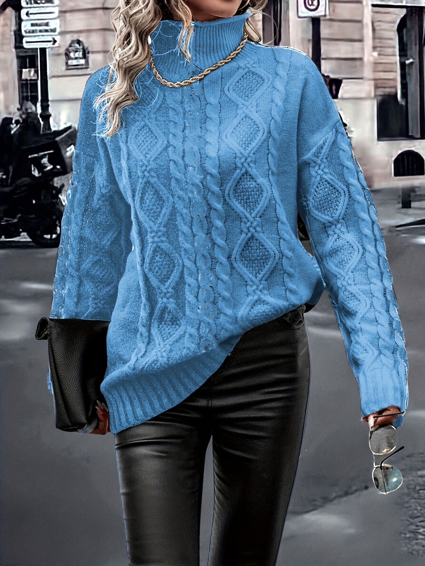 Blusa Elegante de Rayas con Cuello Alto – Top de Manga Larga de Punto Color Block