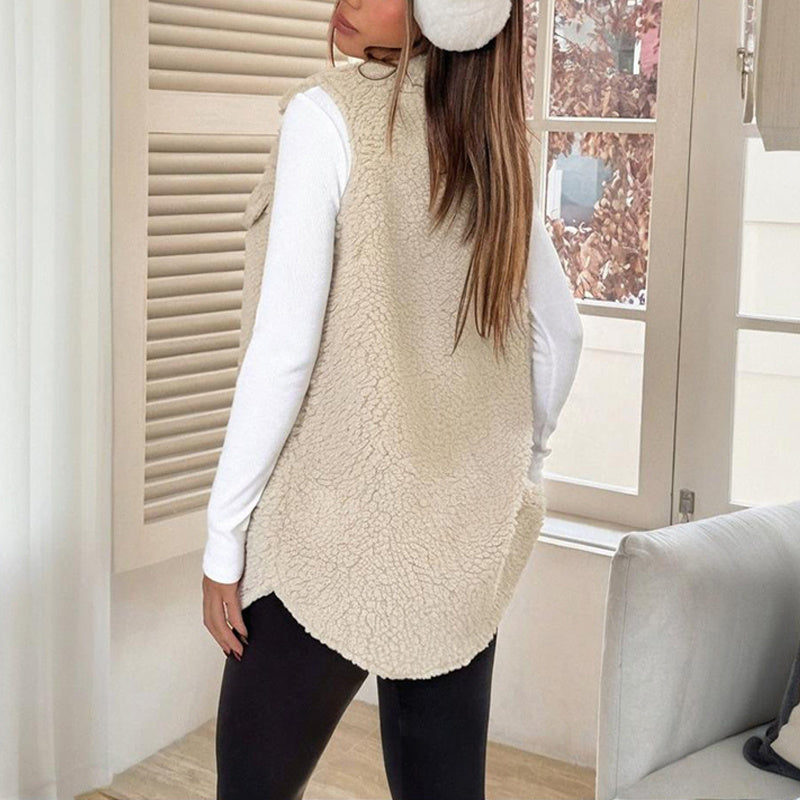 Women’s Wool-Like Sleeveless Vest – Lapel Button Mid-Length Waistcoat