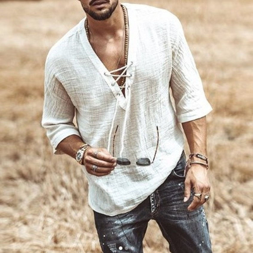 Camiseta de algodón de manga media para hombre con cuello redondo y cordones