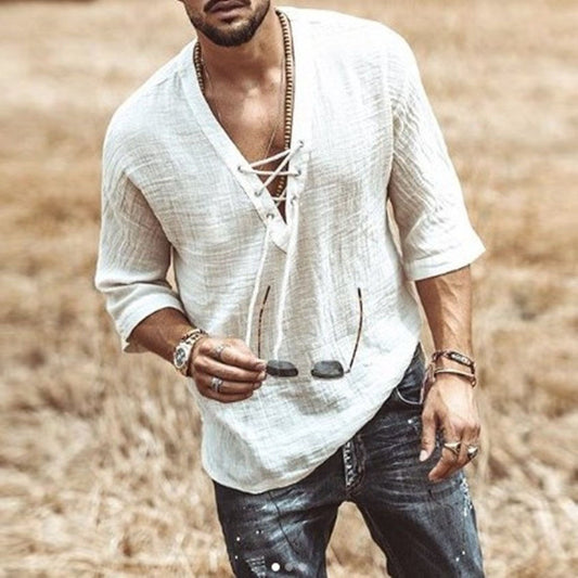 Camiseta de algodón de manga media para hombre con cuello redondo y cordones