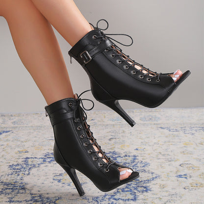 Loom & Soul™ Tacones altos con punta abierta – Sandalias de mujer con cordones, hebilla y cremallera trasera