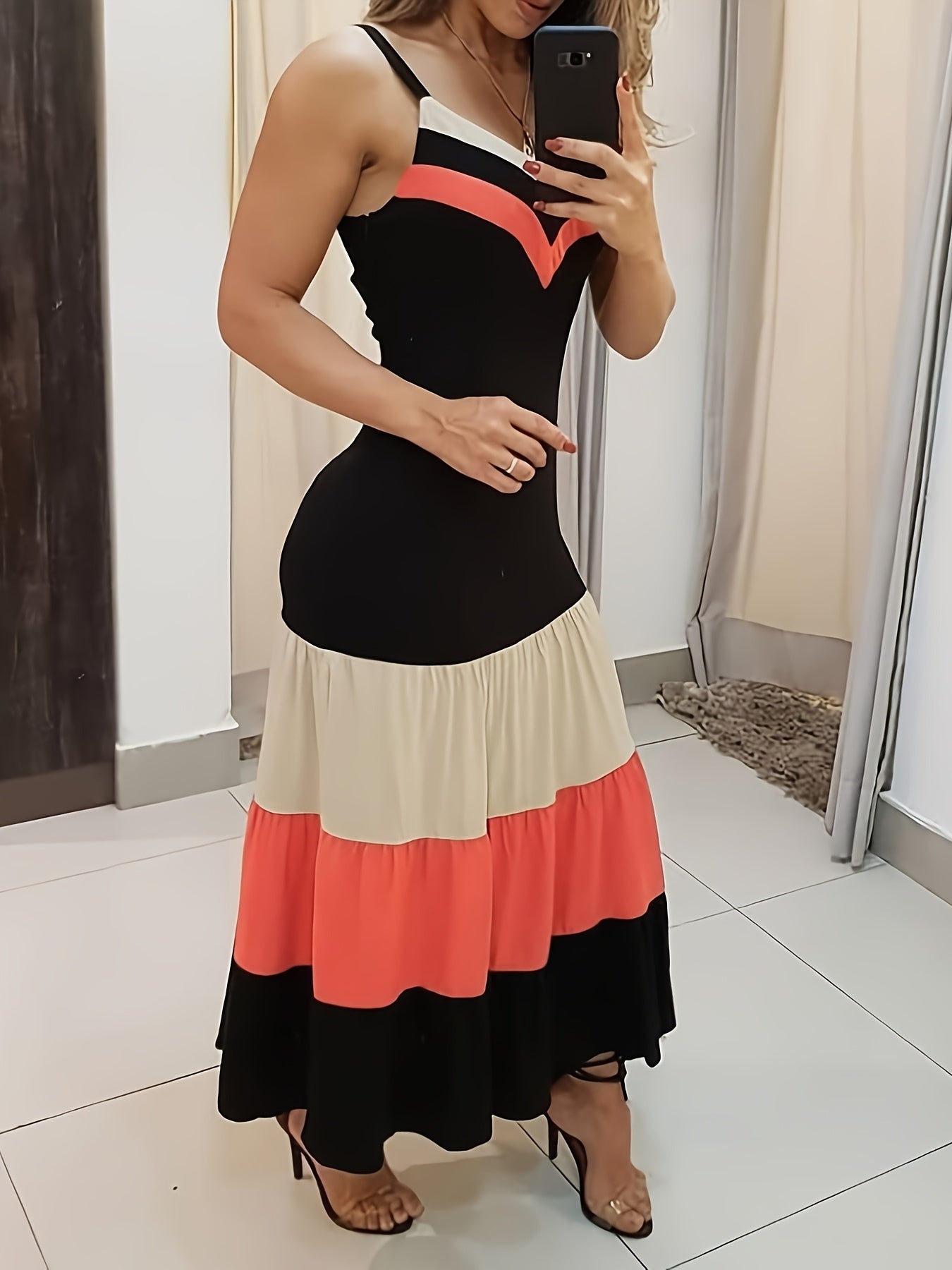 Colorblock Ruched Maxi Dress – Spaghetti Strap Ruffle Summer Dress