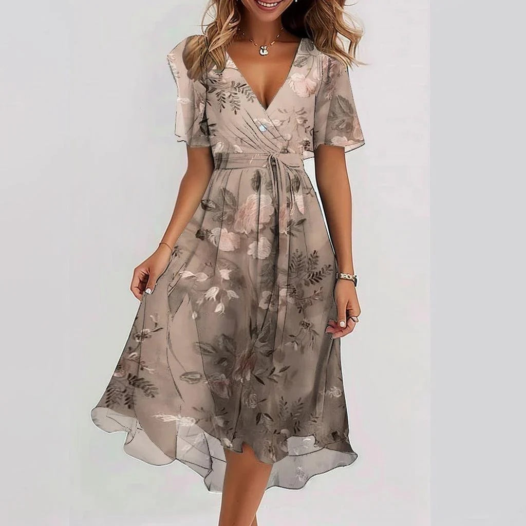Loom & Soul™ Vestido floral de chifón – Vestido midi elegante de verano con cuello en V y manga corta para mujer