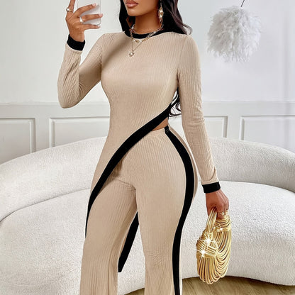 Conjunto elegante asimétrico de mono para mujer - Top de cuello redondo y pantalón acampanado