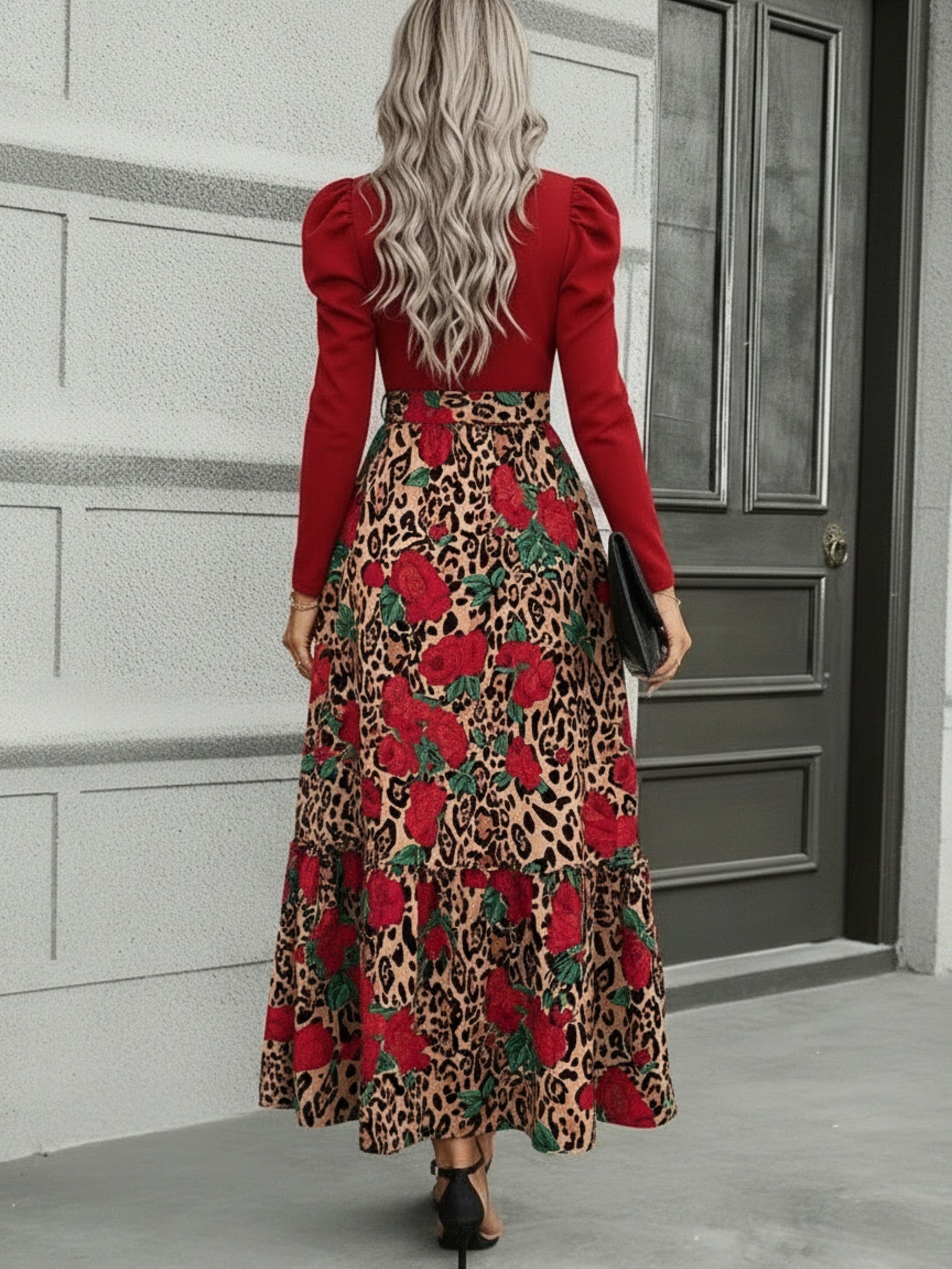 Vestido con estampado de leopardo y retazos con lazo en la cintura – Vestido entallado de manga larga elegante