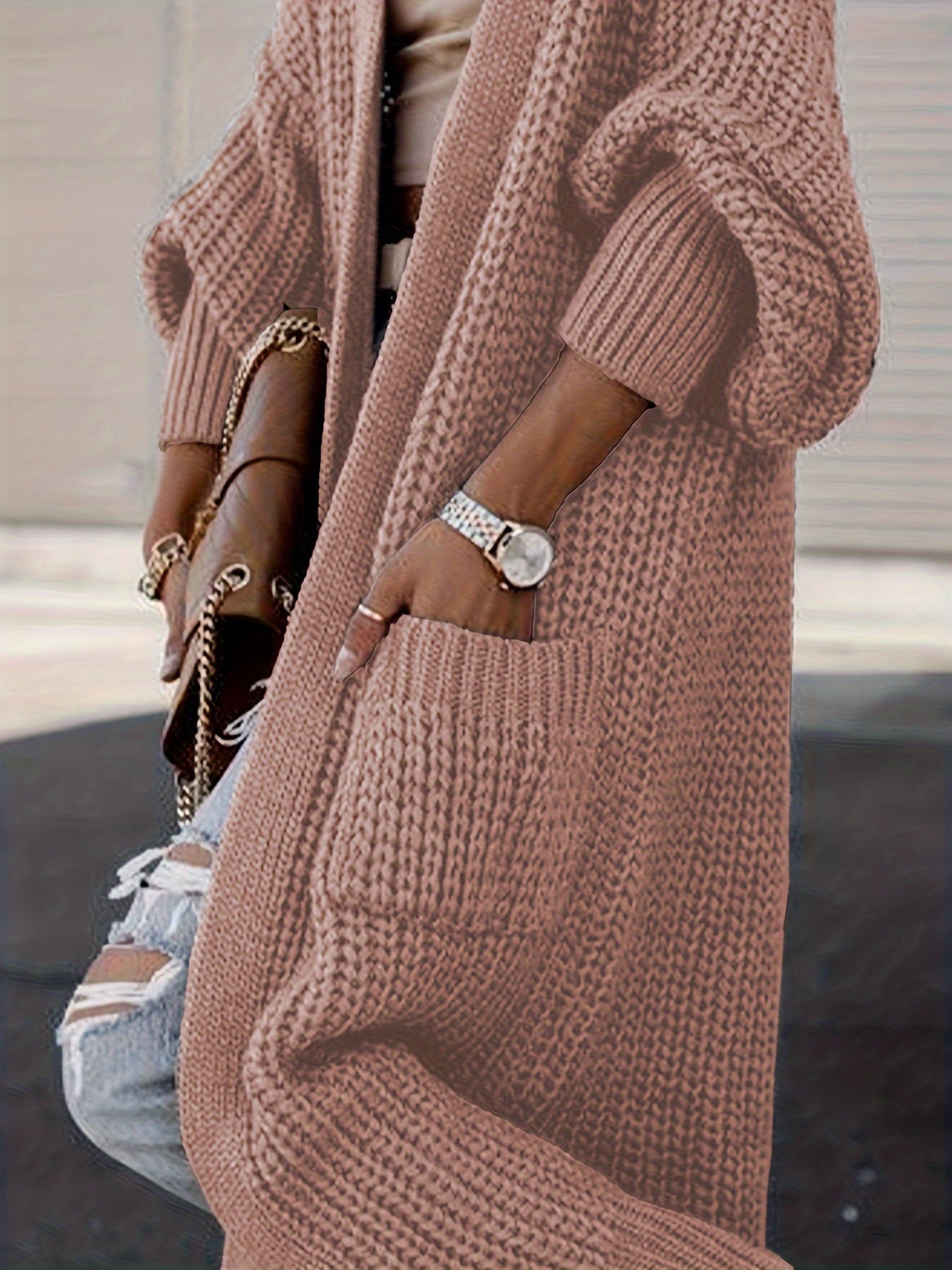 Elegante cárdigan acanalado con cuello en V profundo – Suéter de punto de otoño/invierno para mujer
