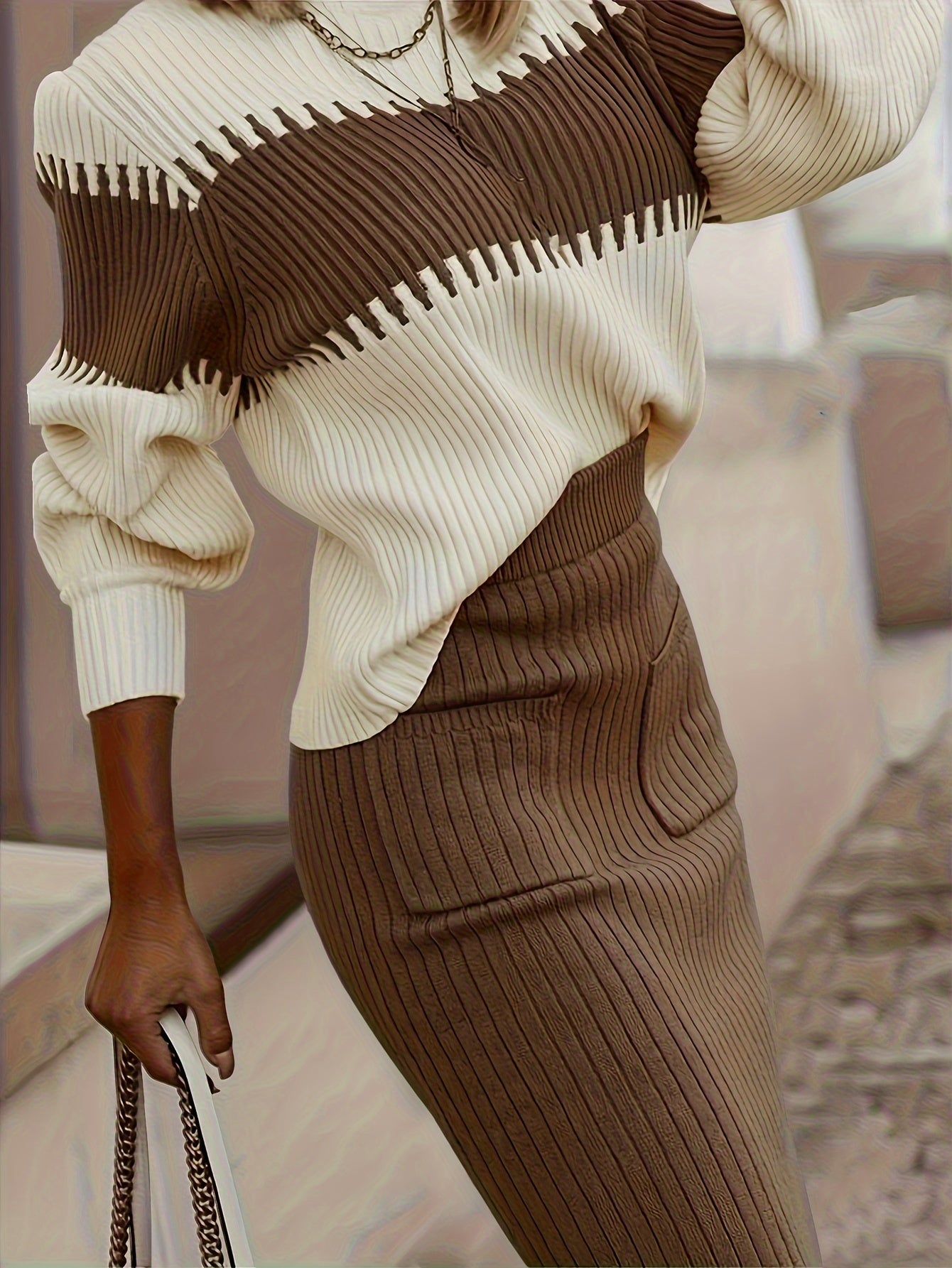 Conjunto de suéter y falda de cuello alto con bloques de color – Dos piezas elegantes de invierno