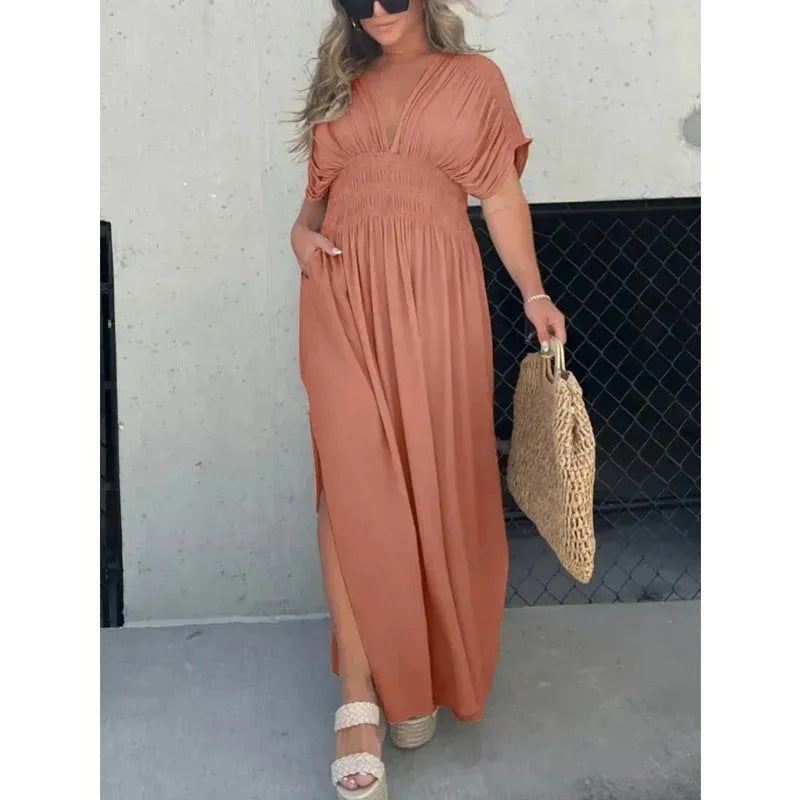 Robe longue fendue à col en V Loom & Soul™ pour femme – Robe longue d'été à manches courtes et taille élastique