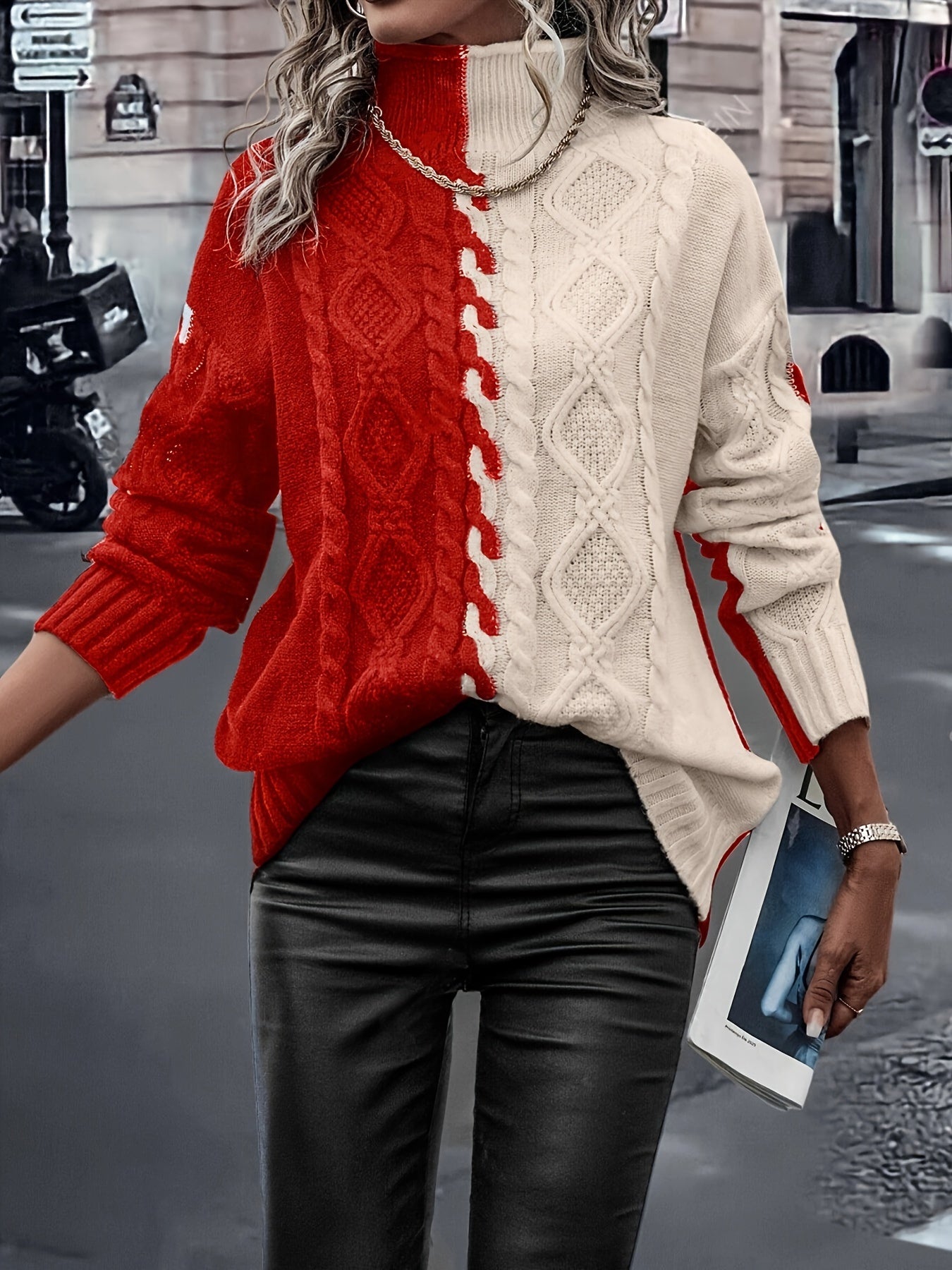 Blusa Elegante de Rayas con Cuello Alto – Top de Manga Larga de Punto Color Block