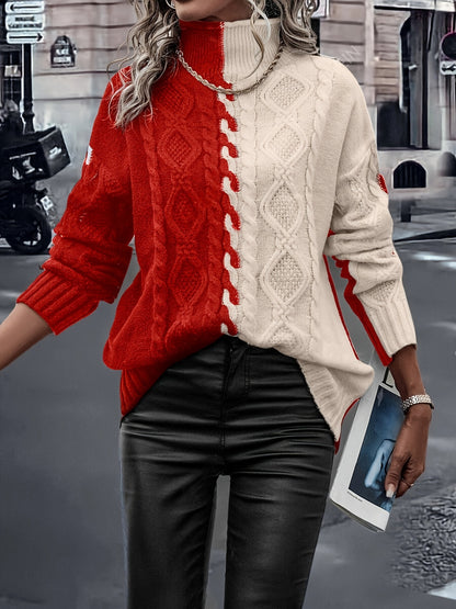 Blusa Elegante de Rayas con Cuello Alto – Top de Manga Larga de Punto Color Block