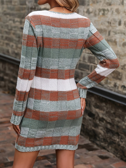 Vestido suéter de mujer con bloques de color – Cuello en V Tejido suelto para otoño
