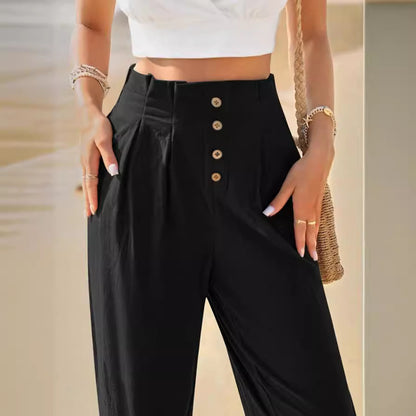 Pantalon décontracté taille haute Loom & Soul pour femme – Pantalon droit en coton et lin pour un confort au quotidien